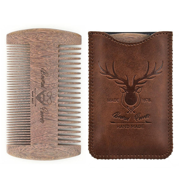 Sandalwood Beard Comb with Case, Men's Wooden Pocket Comb for Beards, Mustaches, and Hair, Brown Skull Design