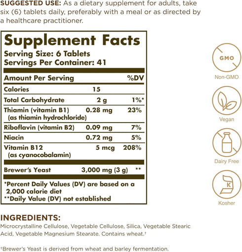 Solgar Brewer's Yeast 7 ½ Grains with Vitamin B12 - 250 Tablets, Pack of 2 - Non-GMO, Vegan, Dairy Free, Kosher - 82 Total Servings