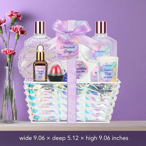 Shiny Gift Basket for Women - Cinnamon Berry Spa Gift Set, 10Pcs Bath and Body Gift Set for Birthday