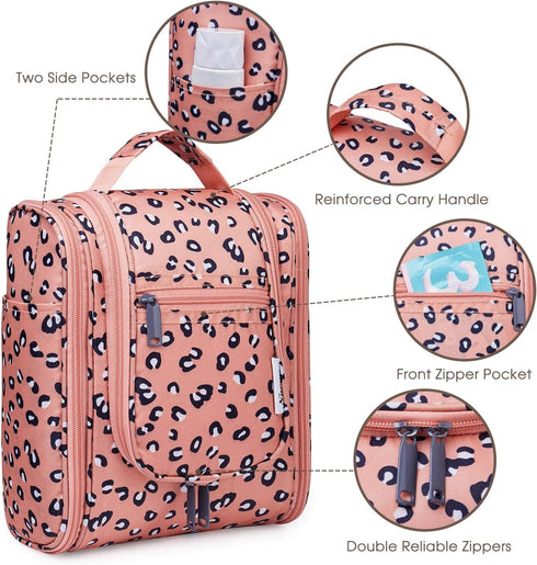 Narwey Small Hanging Cheetah Toiletry Bag, Women Travel Makeup Bag Organizer for Travel Size Essentials Accessories
