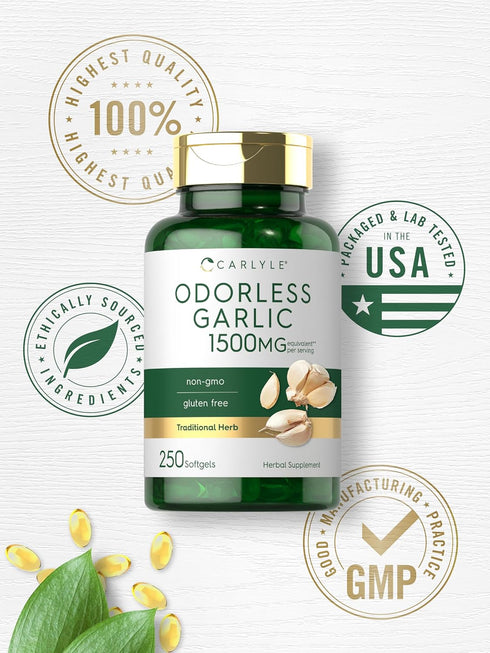 Carlyle Odorless Garlic Softgels 1500mg - 250 Count, Non-GMO, Gluten Free Extract Supplement