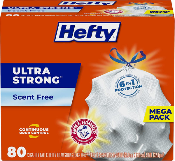 Hefty Ultra Strong Tall Kitchen Trash Bags, Unscented, 13 Gallon, 80 Count