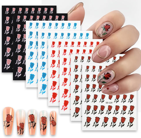Rose Nail Stickers 8 Sheets Glitter Shiny Black Red Blue Pink Flower Design Self-Adhesive Nail Decoration