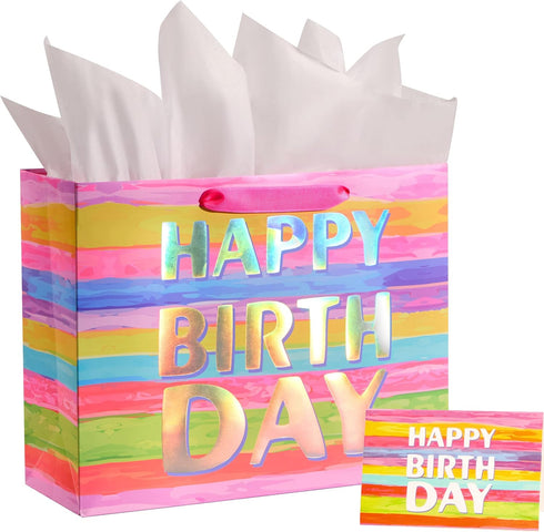13" Large Birthday Gift Bag with Tissue Paper and Greeting Card, Colorful Gift Bag for Kids, Women, Mom