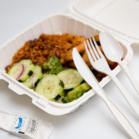 Set 6 1 Set (100) Disposable Individually Wrapped White Plastic Cutlery Kit - Heavy Duty Fork Spoon Knife Napkin Salt