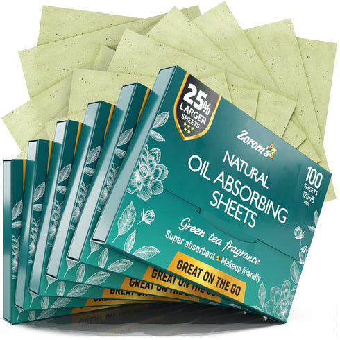 Natural Green Tea Oil Blotting Sheets, 25% Larger (4.7x3"), 600 Makeup Friendly Papers for Face