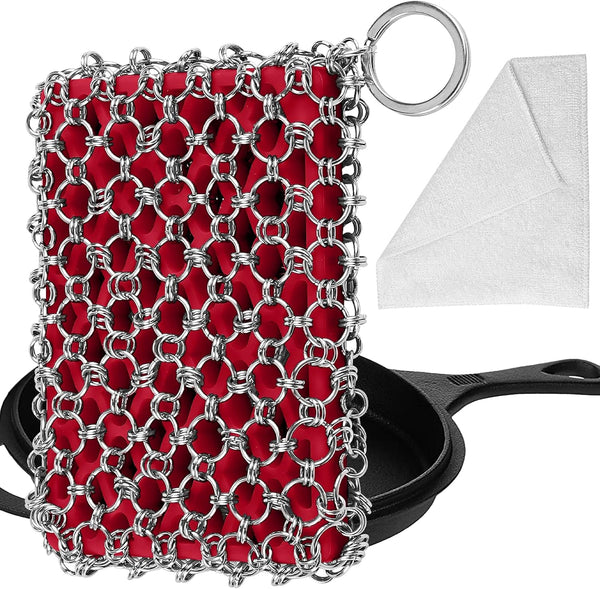 Herda Large 316L Cast Iron Chain Mail Scrubber Cleaner - Metal Skillet, Wok, Dutch Oven Cleaning Kit