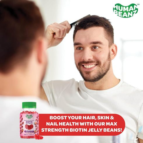Biotin Jelly Bean Gummy Vitamins, Max Strength 10000mcg for Hair, Skin and Nails, 120 Strawberry Blast Jelly Beans,