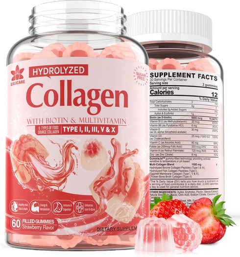 Sugar-Free Hydrolyzed Collagen Peptide Gummies, Extra Strength 1500mg Protein Type I, II, III, V, X with 5000mcg Biotin