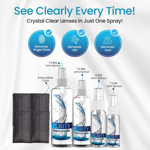 Pack 1x1oz, 1x2oz, 1x4oz, 1x8oz 4 Purity Eyeglass Cleaner Family - Multi-Size Lens Cleaner Kit - Bottles + Premium