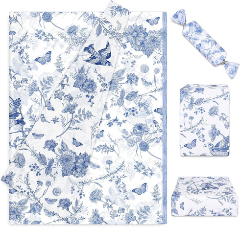 Whaline 100 Sheet Blue Floral Tissue Paper, Chinoiserie Gift Wrapping Paper for Baby Shower, 13.7x19.6 Inch