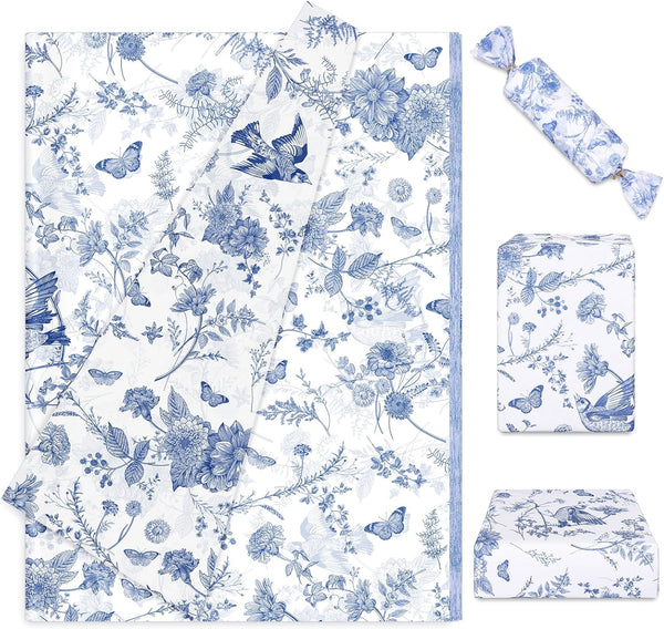 Whaline 100 Sheet Blue Floral Tissue Paper, Chinoiserie Gift Wrapping Paper for Baby Shower, 13.7x19.6 Inch