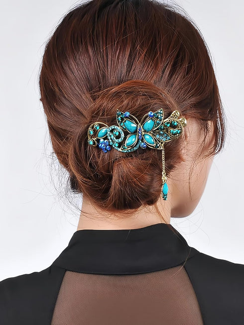 Women's Vintage Crystal Butterfly Hair Clip Head Wear - Beauty Tools (Blue)