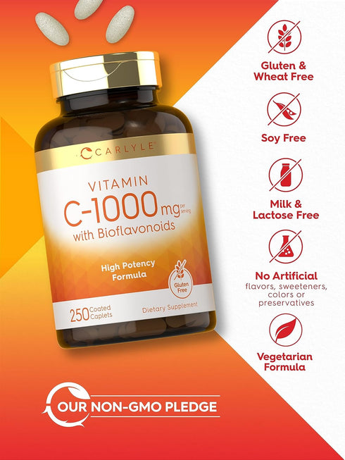 Carlyle Vitamin C, 1000mg with Bioflavonoids, 250 Caplets, with Rose HIPS, Vegetarian, Non-GMO, Gluten Free