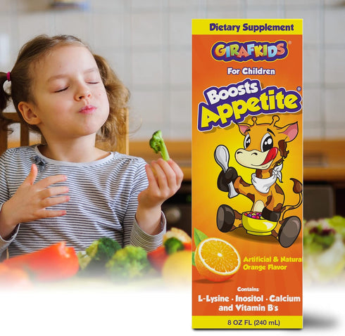 GirafKids Appetite Vitamins for Kids - 8Fl Oz - Orange Flavor - L-Lysine, Inositol, Calcium & Vitamins