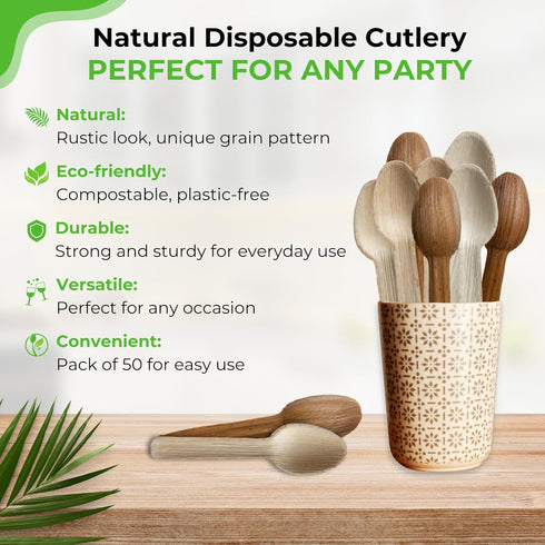 Palm Leaf Spoons 6 Inches (50 Count) | Bamboo Spoons like Natural Eco-friendly Compostable Disposable Cutlery Alternative to Plastic Spoons for Weddings, Picnics, Parties