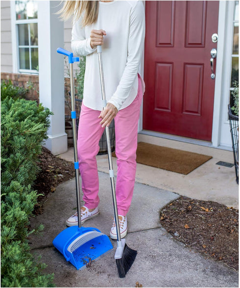 BristleComb Outdoor Broom & Dustpan Set - 49" Long Adjustable Broom, Self-Cleaning Comb & 2 Interchangeable Heads
