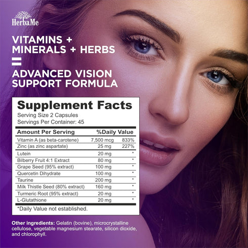 Eye Vitamins Supplement with Lutein, Bilberry, Beta Carotene, L-Taurine, Zinc, Quercetin, 90 Capsules