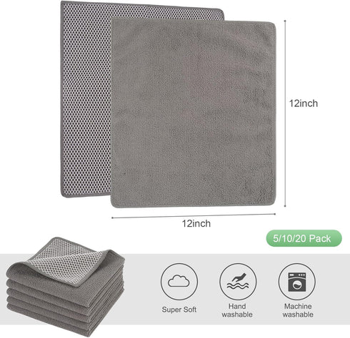 SINLAND Absorbent Microfiber Dish Cloths, 12"x12" Kitchen Washcloths with Poly Scour Side - 5 Pack, Grey