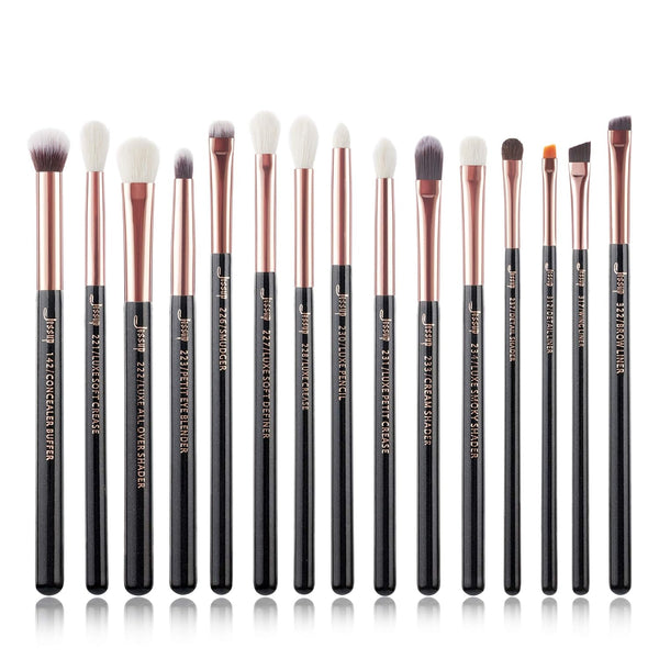 Jessup 15Pcs Professional Makeup Brush Set - Natural-Synthetic Hair Tools in Pearl Black/Rose Gold
