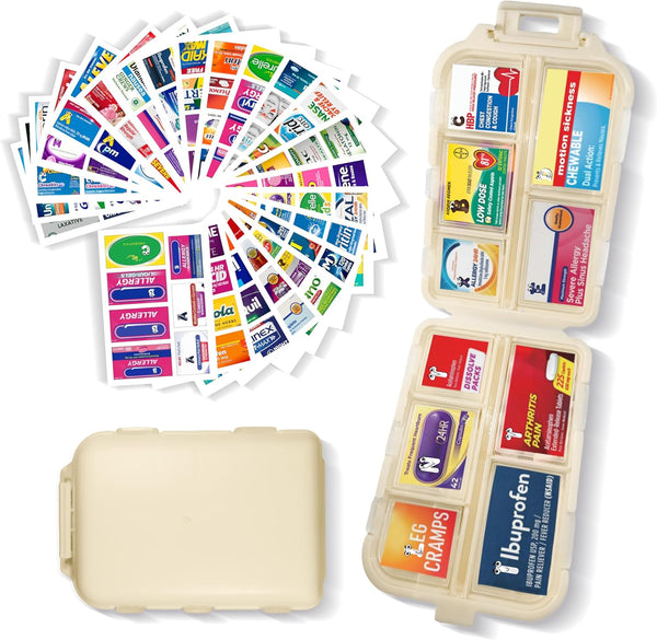 Pill Organizer Travel Essentials - 7 Day Pill Organizer with 161 Labels, Mini Medication Container (Beige, 1 Pack)