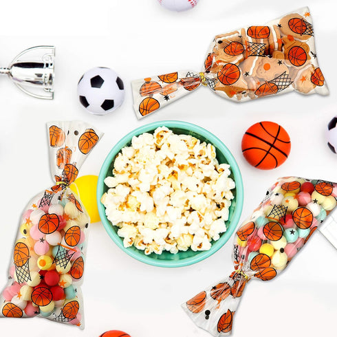 Zonon 100 Pieces Basketball Candy Party Bags with 150 Pieces Gold Twist Ties for Sports Treat Favors