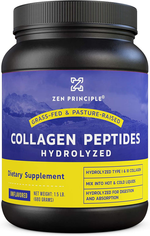 Zen Principle Grass-Fed Collagen Peptides, 1.5 lb, Hydrolyzed Protein Powder for Healthy Hair and Skin