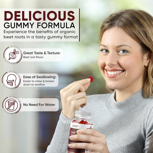 Organic Beet Root Gummies - Nitric Oxide Booster for Men & Women, Organic Non-GMO Gluten Free - 60CT