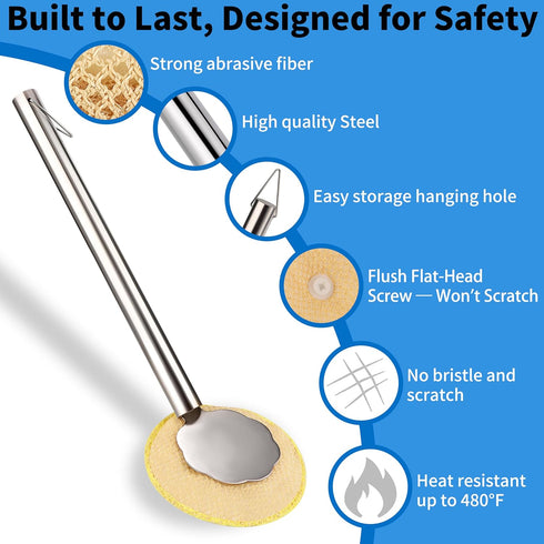 TOFAIRONM Kitchen Scrub Brush with Handle, Non-Scratch Extra Strong Cleaning Brush for Wok, Cast Iron, Pans, Oven