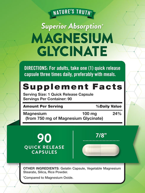 Nature's Truth Magnesium Glycinate | 750mg | 90 Quick Release Capsules | High Absorption Chelated Formula | Non-GMO & Gluten Free Supplement