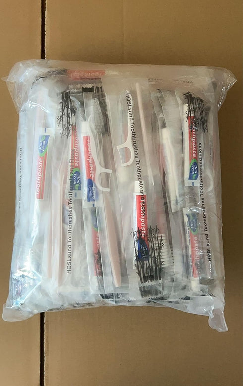 100pcs Disposable Toothbrushes with Toothpaste and Floss, Individually Wrapped, Bulk Kit for Homeless, Airbnb, Hotel