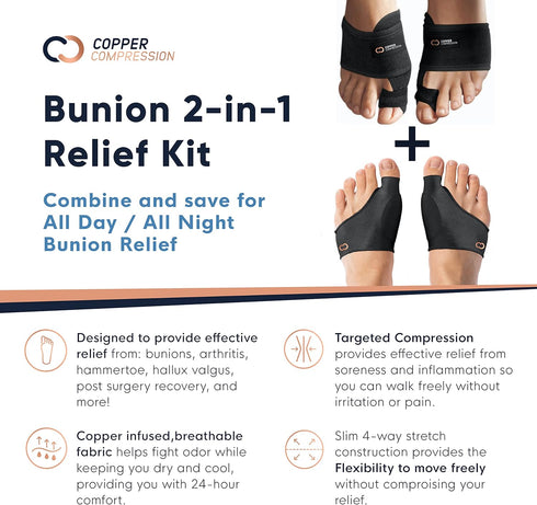 Copper Compression Bunion Relief Kit - Includes 1 Pair of Bunion Corrector Cushion Sleeves & Toe Splints, Large/X-Large