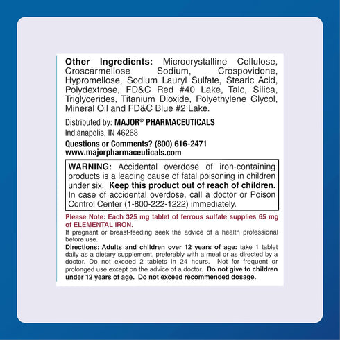 Major Ferosul Ferrous Sulfate 325mg Tablets, 100 Tablets, Iron Supplement for Women and Men