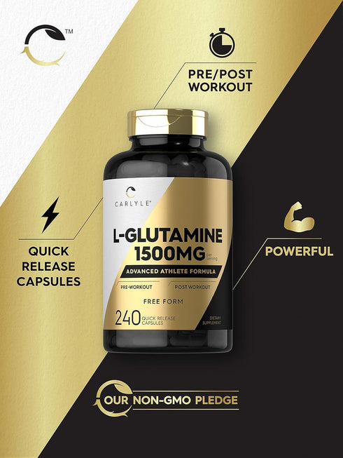 Carlyle L Glutamine Capsules | 1500mg | 240 Count | Non-GMO, Gluten Free Supplement | Advanced Athlete Formula, Pre and