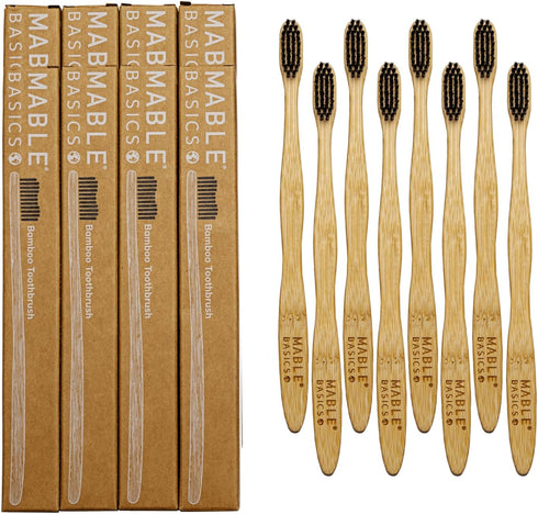 MABLE Basics Bamboo Toothbrush, Plant-Based Bristles, 8 Pack, Adult Soft Bristles, Natural Wooden Toothbrush