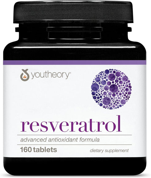 Youtheory Resveratrol Advanced Antioxidant Formula - Premium Supplement with Super-Fruit Blend, 160 Tablets, Gluten Free