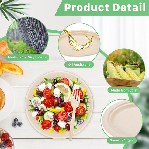250 PCS Compostable Paper Plates Set, Sugarcane Utensils, Disposable Dinnerware Set, Eco Friendly Plates for Party