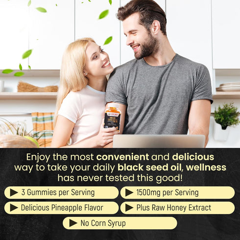 Organic Black Seed Oil Gummies, 1500mg, Pineapple Flavor Softgels, Gluten Free, Soy Free & Non-GMO