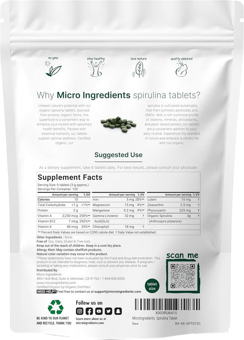 Micro Ingredients Organic Spirulina Supplement, 3000MG Per Serving, 720 Tablets (4 Month Supply), Non-GMO