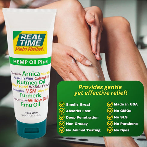 Real Time Pain Relief Hemp Oil Plus, 4oz Tube, Advanced Formula with 19 Natural Ingredients