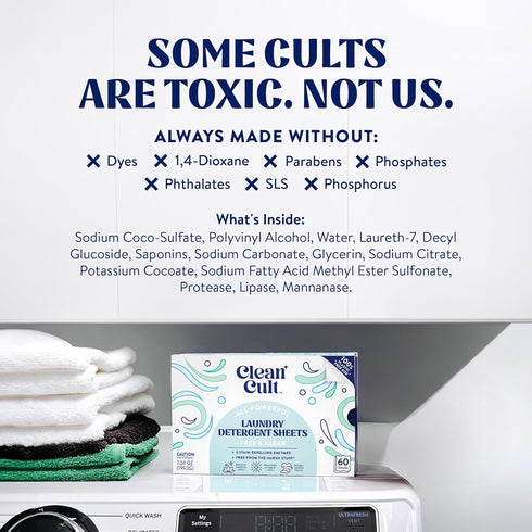 Cleancult Laundry Detergent Sheets - 60 Loads, Fragrance Free, Concentrated Liquidless, No Harsh Chemicals