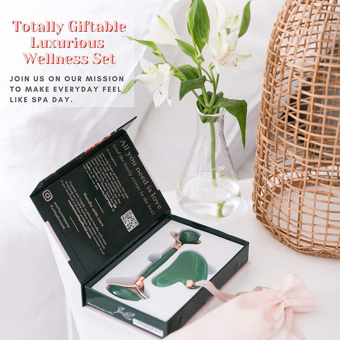 WITTY Jade Face Roller and Gua Sha Set - Beauty Massage Tools in Hand-Drawn Giftbox, Extra Pouch