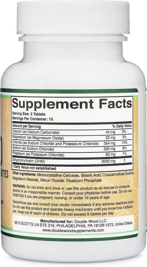 DHM1000 Dihydromyricetin (DHM) Tablets - 1,000mg (30 Count) Enhanced with Electrolytes for Hydration and Liver Support
