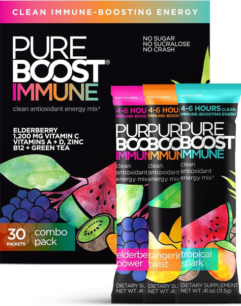 Pureboost Immune Clean Energy Drink Mix, Immunity Supplement with Elderberry, 30 Count