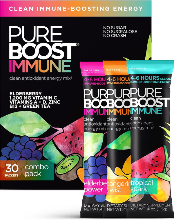 Pureboost Immune Clean Energy Drink Mix, Immunity Supplement with Elderberry, 30 Count