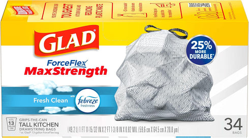 Glad Trash Bags, Tall Kitchen Garbage Bags, 13 Gal, 34 Count