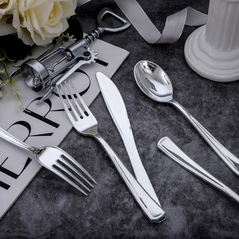 Liacere 200Pcs Silver Plastic Cutlery - 100 Forks, 50 Spoons, 50 Knives, Disposable Silverware for Parties