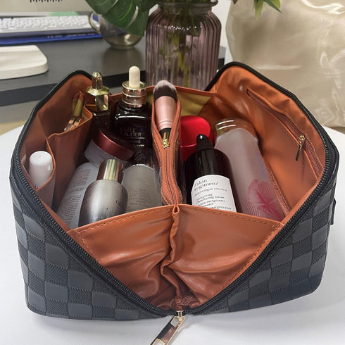 MINGRI Large Capacity Travel Cosmetic Bag for Women - Waterproof PU Leather Makeup Bag, Grid-Black