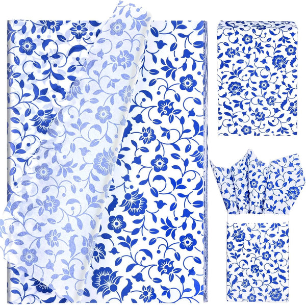 100 Sheets 20 * 14 Inches Blue White Floral Tissue Paper for Gift Wrapping, Vintage Chinoiserie Style for Birthday