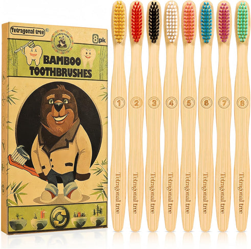 8 Count Biodegradable Bamboo Toothbrushes, Natural Value Pack, Extra Soft for Sensitive Teeth & Gums